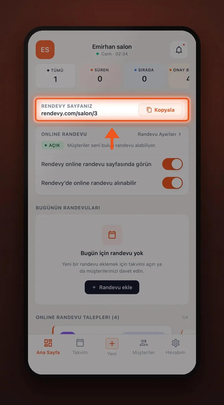 HadyGel ana ekranında Rendevy randevu linki ve Kopyala düğmesi