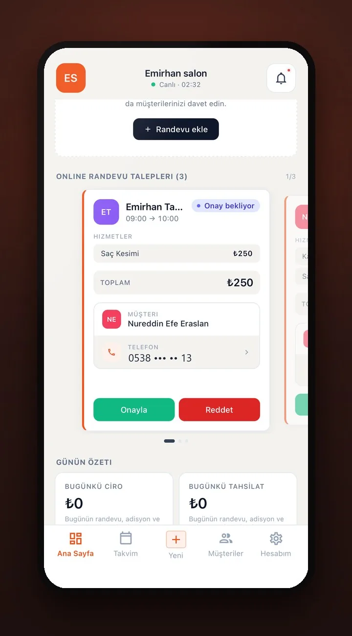 HadyGel online randevu talebi, Onayla ve Reddet düğmeleri