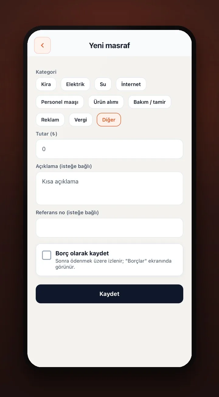 HadyGel yeni masraf ekranı